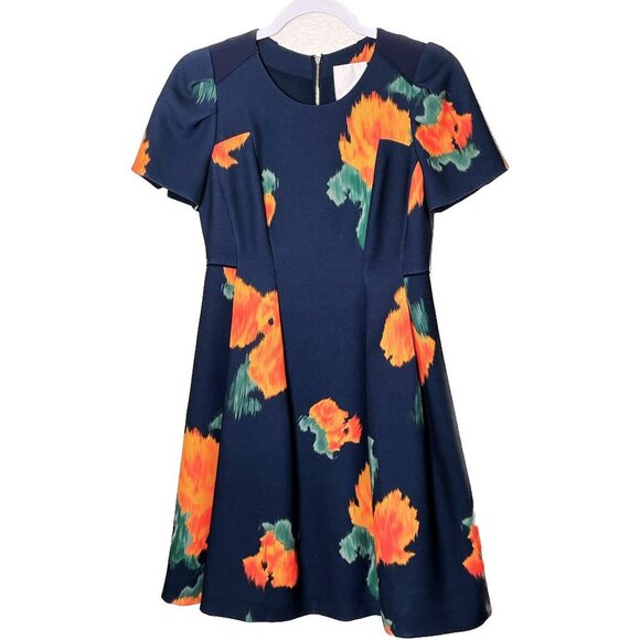 McGinn Orange Blue Floral Sheath Dress Size 4 Short Sleeves Elegant Midi - Picture 1 of 4